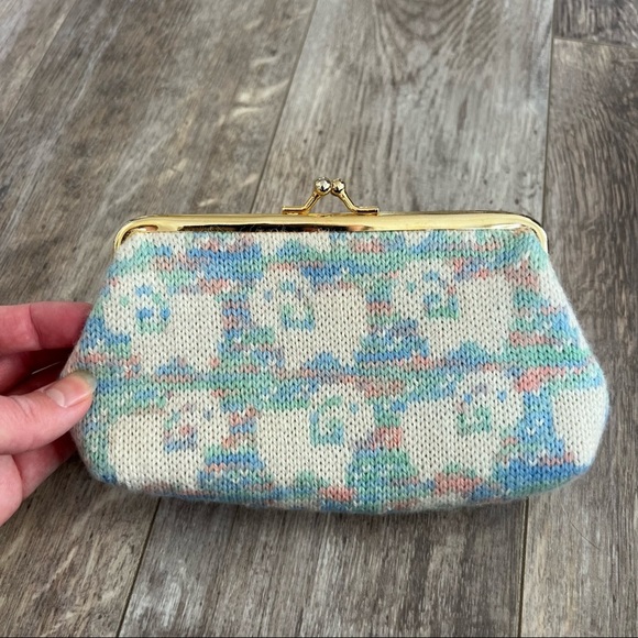 Rare! Ali Katz Crochet Knit “Sheep” Print Wool Mini w/Kiss Lock Closure Clutch - Picture 7 of 7